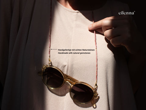 Glasses chain made of rhodochrosite, freshwater pearl & gold