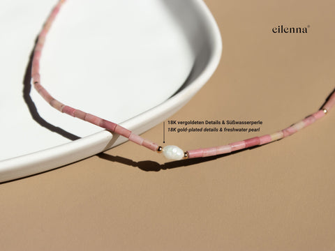 Glasses chain made of rhodochrosite, freshwater pearl & gold