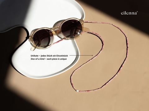 Glasses chain made of rhodochrosite, freshwater pearl & gold
