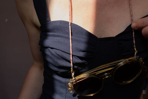 Glasses chain made of rhodochrosite, freshwater pearl & gold