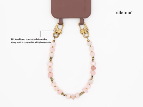 Schlüsselkette kurz aus Naturstein aus Rosenquarz, Universal Kette mit Karabinern, Echter Steinschmuck, Handmade von eilenna