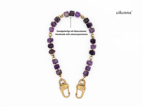 Handykette kurz aus Amethyst Naturstein Perlen, universal Handschlaufe und Schlüsselanhänger mit Karabinern handmade von eilenna