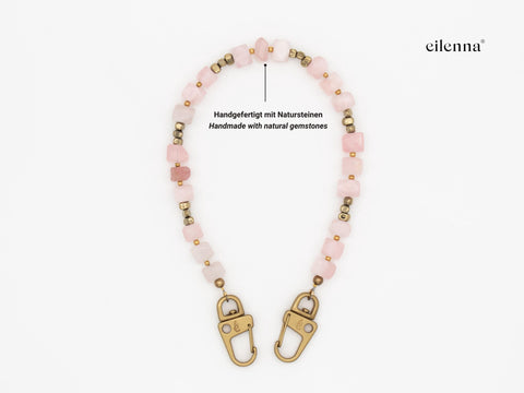 Handykette kurz aus Rosenquarz Naturstein Perlen, universal Handschlaufe und Schlüsselanhänger mit Karabinern handmade von eilenna
