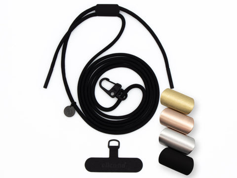 Handykette universal mit Karabiner und Adapter, Kordel in BLACK BEAUTY mit Gold, Rose, Silber oder Schwarz, handmade von eilenna