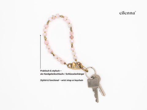 Schlüsselkette kurz aus Naturstein aus Rosenquarz, Universal Kette mit Karabinern, Echter Steinschmuck, Handmade von eilenna