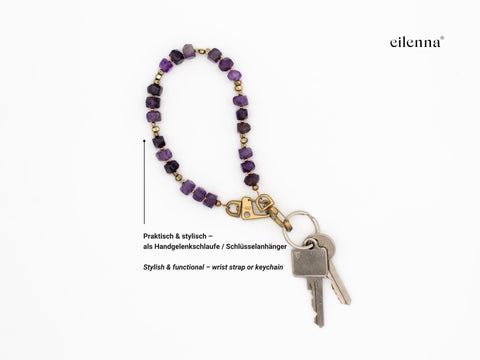 Schlüsselkette kurz aus Naturstein aus Amethyst, Universal Kette mit Karabinern, Echter Steinschmuck, Handmade von eilenna
