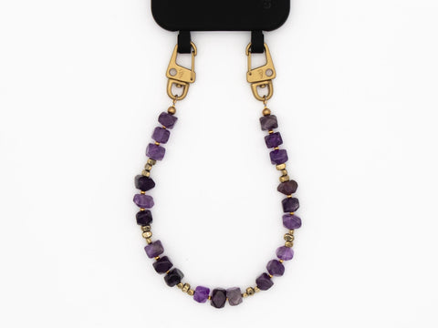 Handykette kurz aus Amethyst Naturstein Perlen, universal Handschlaufe und Schlüsselanhänger mit Karabinern handmade von eilenna