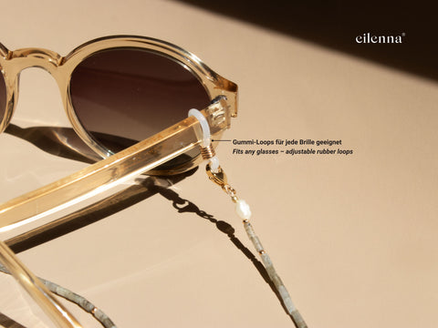 Brillenkette aus grauem Labradorit, Süßwasserperle & Gold