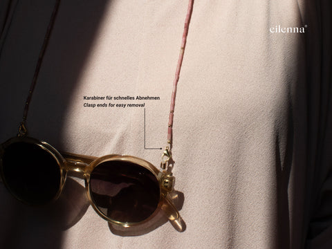 Brillenkette aus Rhodochrosit, Süßwasserperle & Gold
