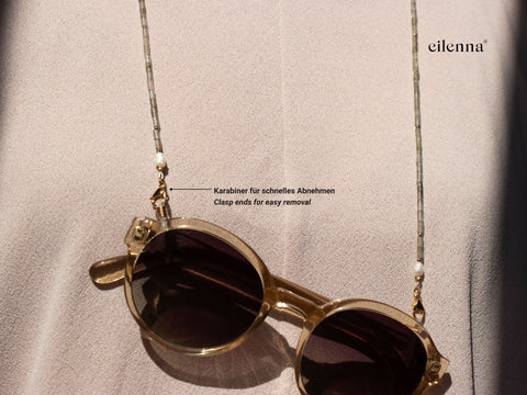 Brillenkette aus grauem Labradorit, Süßwasserperle & Gold