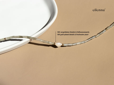 Brillenkette aus grauem Labradorit, Süßwasserperle & Gold