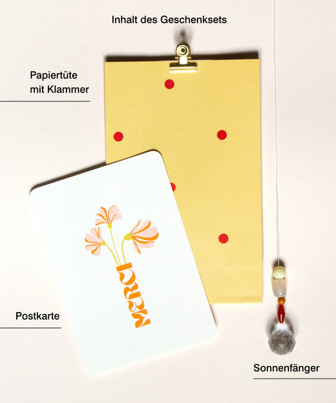 Grußkarte mit handgemachtem Sonnenfänger & Geschenktüte
