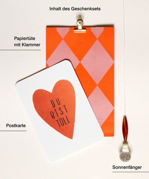 Grußkarte mit handgemachtem Sonnenfänger & Geschenktüte