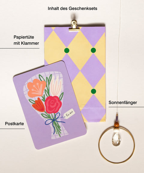 Grußkarte mit handgemachtem Sonnenfänger & Geschenktüte