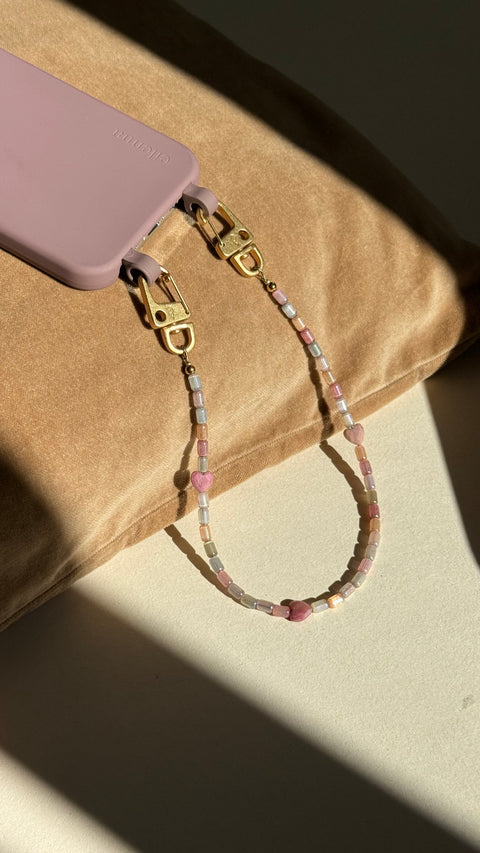 Kurze Handykette Rosé Romance mit Rhodochrosit Herzperlen