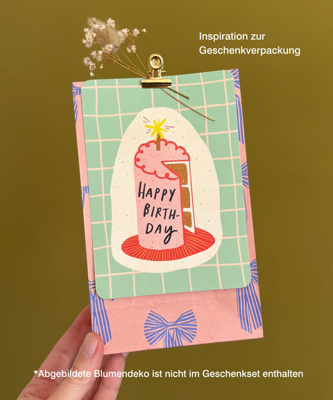 Geburtstagskarte „Happy Birthday“ #1 mit handgemachtem Sonnenfänger & Geschenktüte