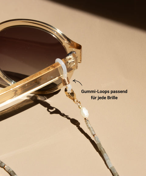 Brillenkette aus grauem Labradorit, Süßwasserperle & Gold