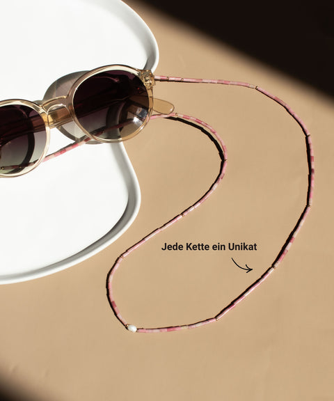 Brillenkette aus Rhodochrosit, Süßwasserperle & Gold