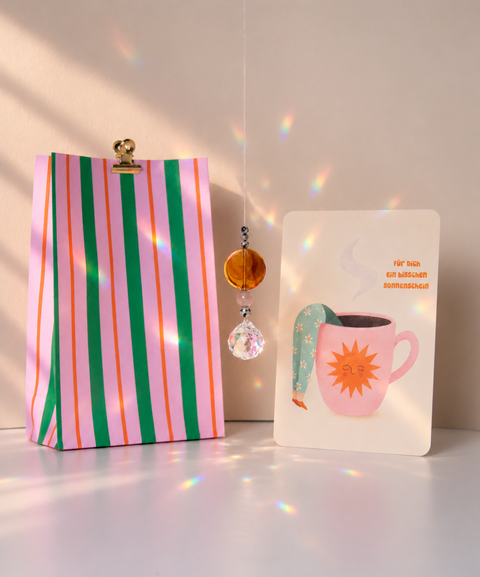 Grußkarte „Sonnenschein für dich" mit handgemachtem Sonnenfänger & Geschenktüte