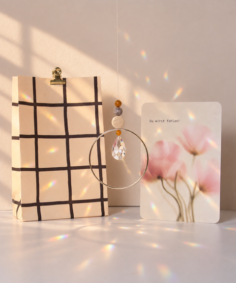 Grußkarte zum Abschied mit handgemachtem Sonnenfänger & Geschenktüte