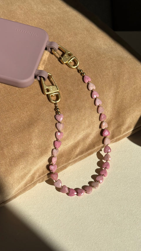 Kurze Handykette mit Rhodochrosit Herzperlen – Für Liebe & Verbundenheit