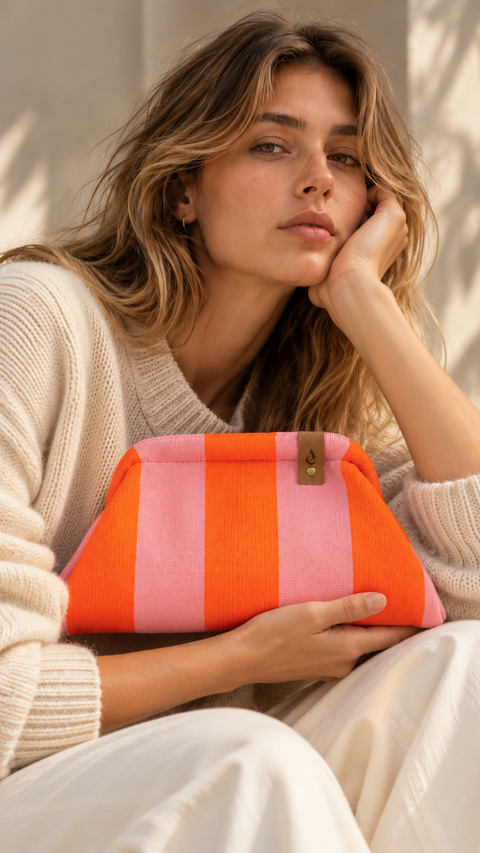 MIO Clutch Rosa-Neonorange gestreift