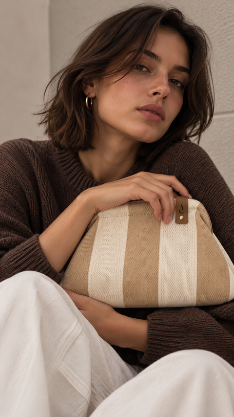 MIO Clutch Beige-Cremeweiß gestreift