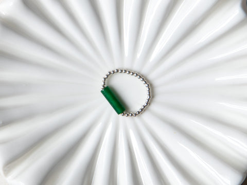 Ring with green agate &amp; 925 silver beads, elastic pearl ring, gift for women, Taya Ring