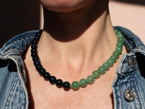 Halskette Blauer Topas & Aventurin Half und Half, Naturstein Perlenkette Damen Blau Grün, 18K Vergoldet, Handgemacht von eilenna
