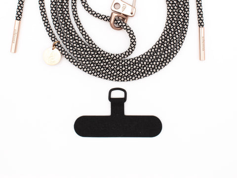 Handykette universal mit Karabiner und Adapter zum Umhängen, Kordel in SALT & PEPPER mit Rosegold, handmade von eilenna