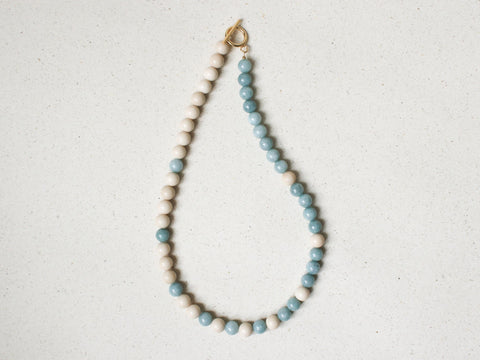 Jade & Fossil Halskette Damen, Naturstein Perlenkette Blau Grün, 18K Vergoldet, Handmade Schmuck von eilenna